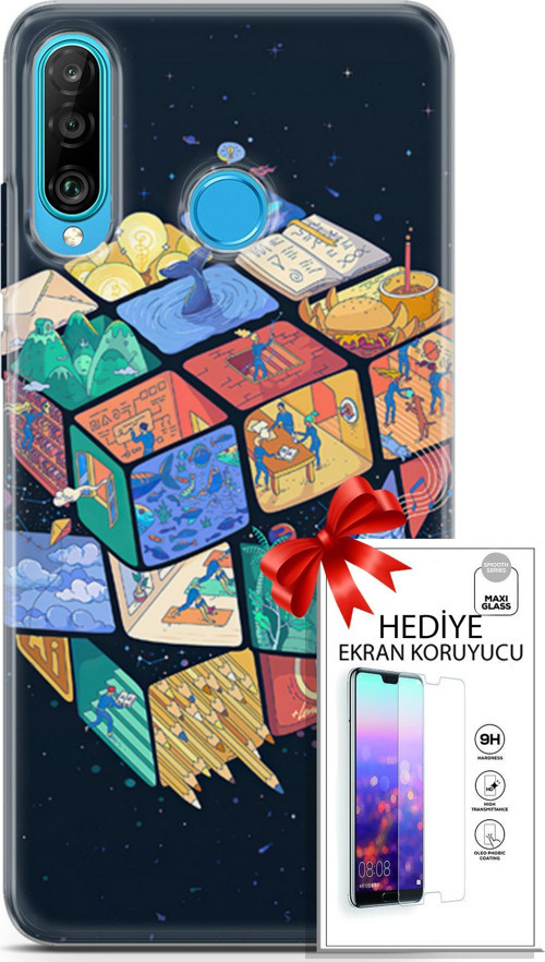 Huawei P30 Lite Kılıf Orijinal Seri Algorand 03 Rubik Arka Kapak + Ekran Koruyucu