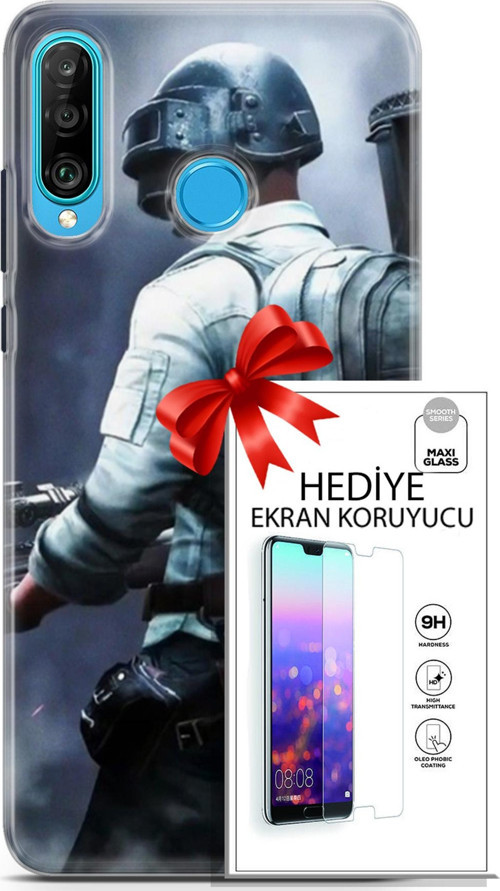 Huawei P30 Lite Kılıf Orijinal Seri Pubg 11 Sırt Çantalı 4K Baskılı Kılıf + Ekran Koruyucu Full Koruma