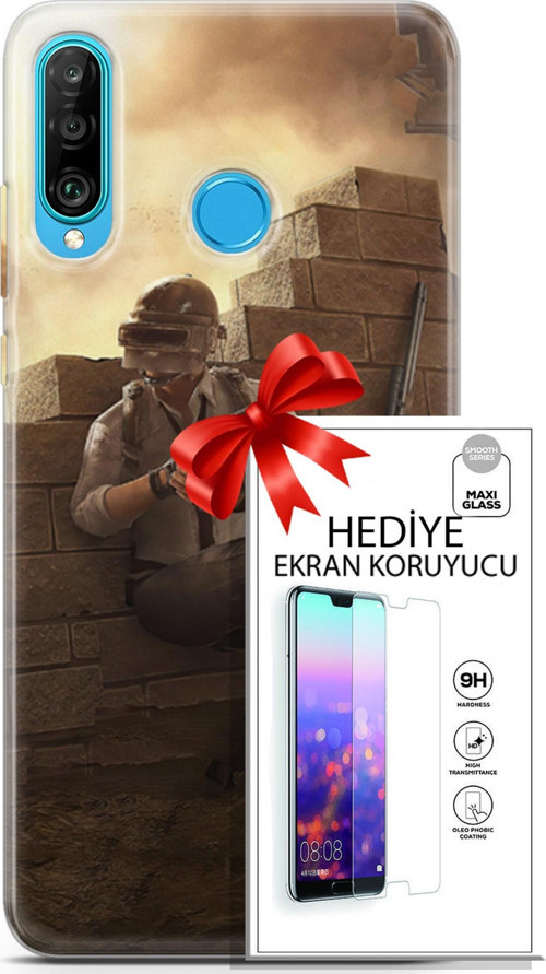 Huawei P30 Lite Kılıf Orijinal Seri Pubg 04 Oyun Karakterleri Silikon Kılıf + Ekran Koruyucu Full Koruma