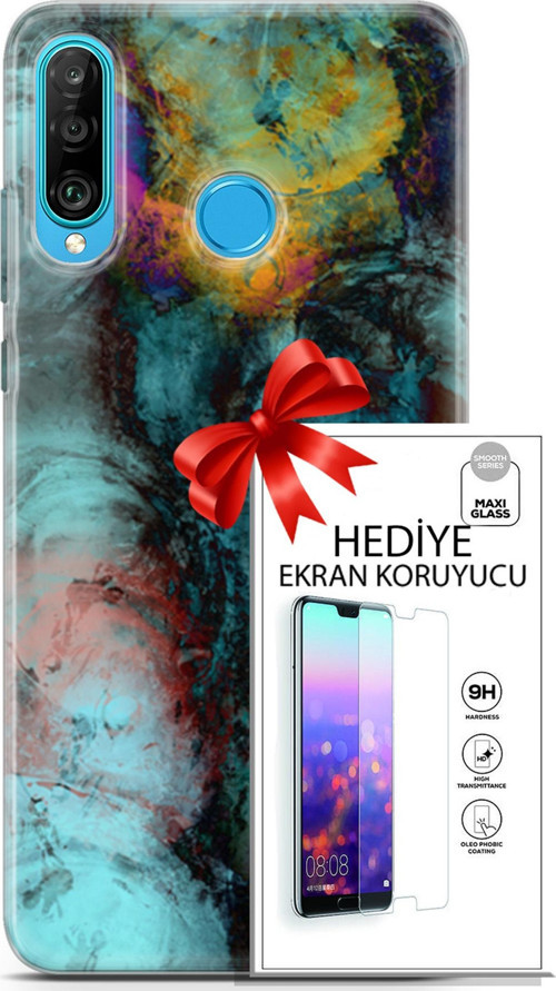 Huawei P30 Lite Kılıf Orijinal Seri Nature 14 Dalgalar Cover Kılıf + Ön Ekran Koruyucu