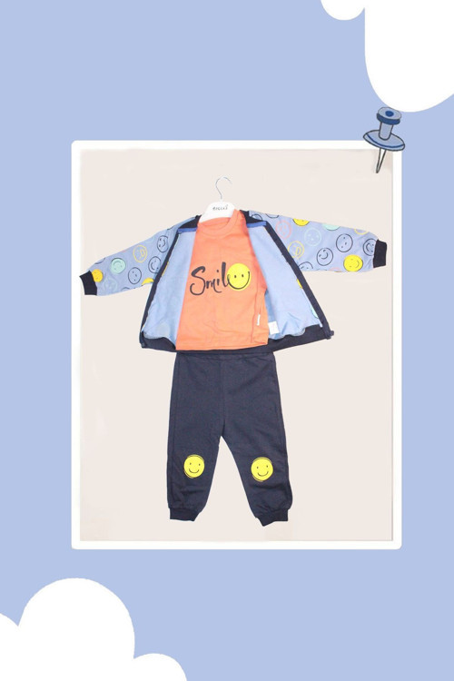 Mevsimlik 3'Lü Mont Takımı 3-6 Ay, 6-12 Ay, 12-18 Ay, 18-24 Ay Smile Desenli Erkek Çocuk Giyim