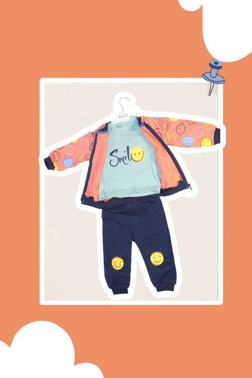 Mevsimlik 3'Lü Mont Takımı 3-6 Ay, 6-12 Ay, 12-18 Ay, 18-24 Ay Smile Desenli Erkek Çocuk Giyim