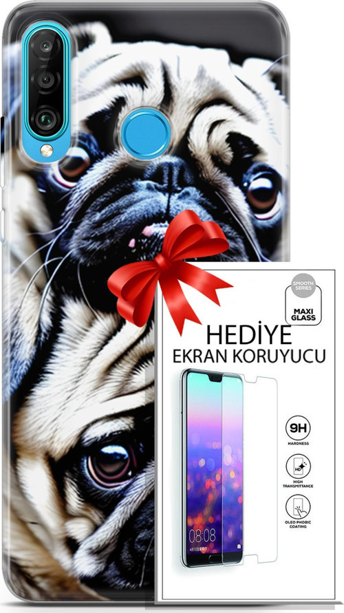 Huawei P30 Lite Kılıf Orijinal Seri Dogs 20 İkili Pug Renkli Kılıf Ekran Koruyucu