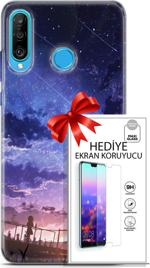 Huawei P30 Lite Kılıf Orijinal Seri Fantasy 09 Kayan Yıldızlar Uv Kılıf Ve Ekran Koruyucu