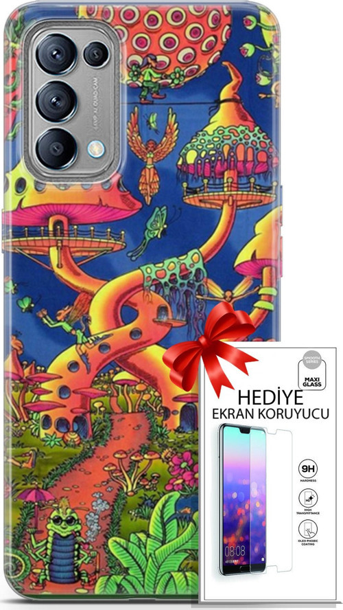 Oppo Reno 5 Kılıf Orijinal Seri Cardano 05 Mantar Evler Koruma Kılıfı + Ekran Koruyucu