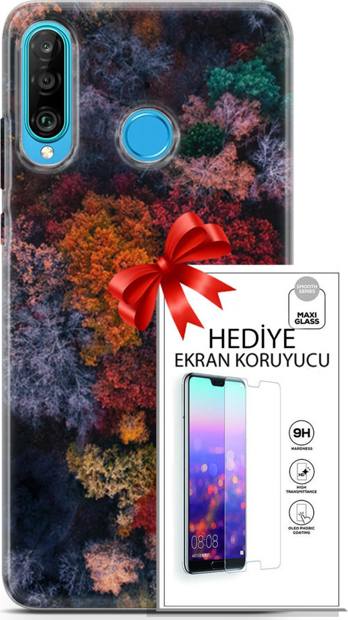 Huawei P30 Lite Kılıf Orijinal Seri Fantasy 16 Renkli Ağaçlar Hediyelik Kılıf Ve Ekran Koruyucu
