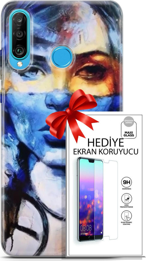 Huawei P30 Lite Kılıf Orijinal Seri Soul 13 Mavi Sarı Case Kapak Ekran Koruyucu