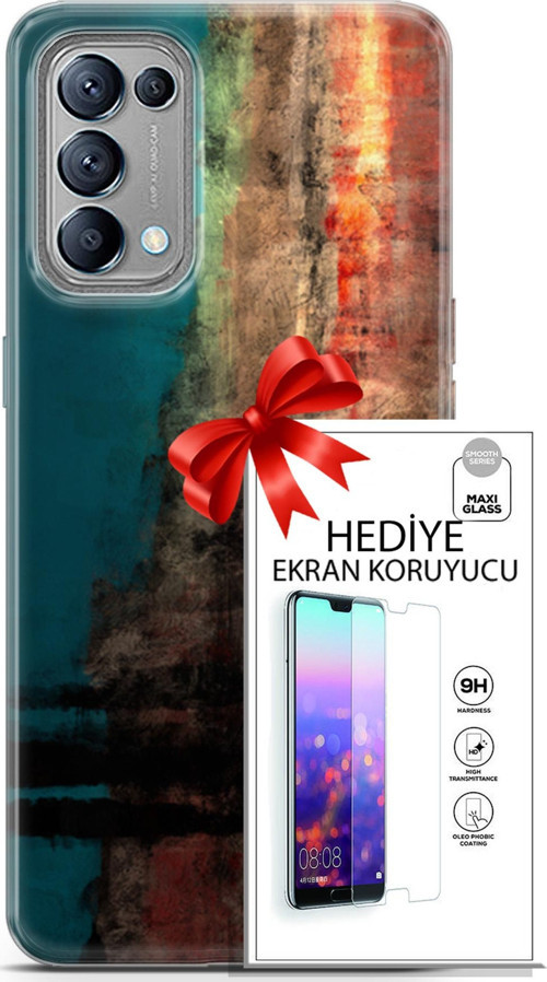 Oppo Reno 5 Kılıf Orijinal Seri Nature 03 Yeşil Turuncu Taş Arka Kapak + Ekran Koruyucu