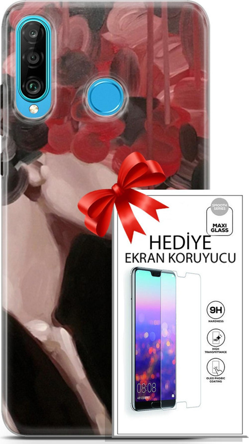 Huawei P30 Lite Kılıf Orijinal Seri Soul 19 Kırmızı Pembe Siyah Tam Koruma Kılıf + Ekran Koruyucu