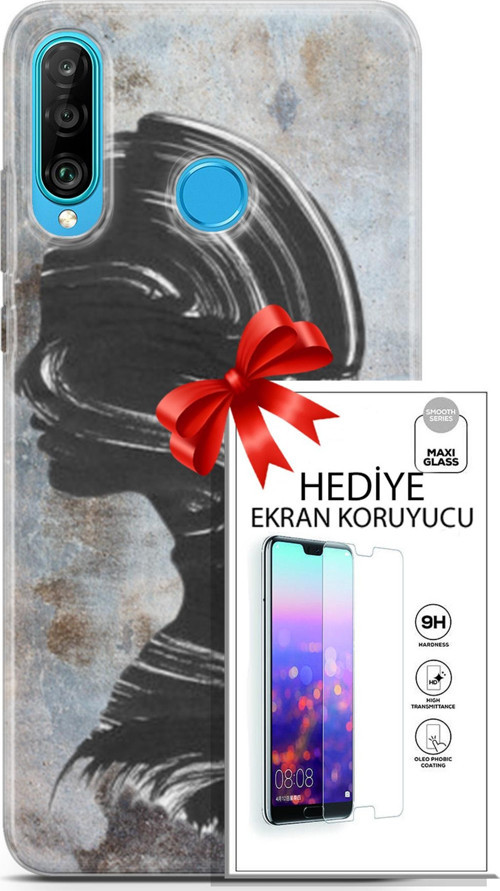 Huawei P30 Lite Kılıf Orijinal Seri Soul 18 Silüet Parlak Kılıf + Ekran Koruyucu Full Korumaketi