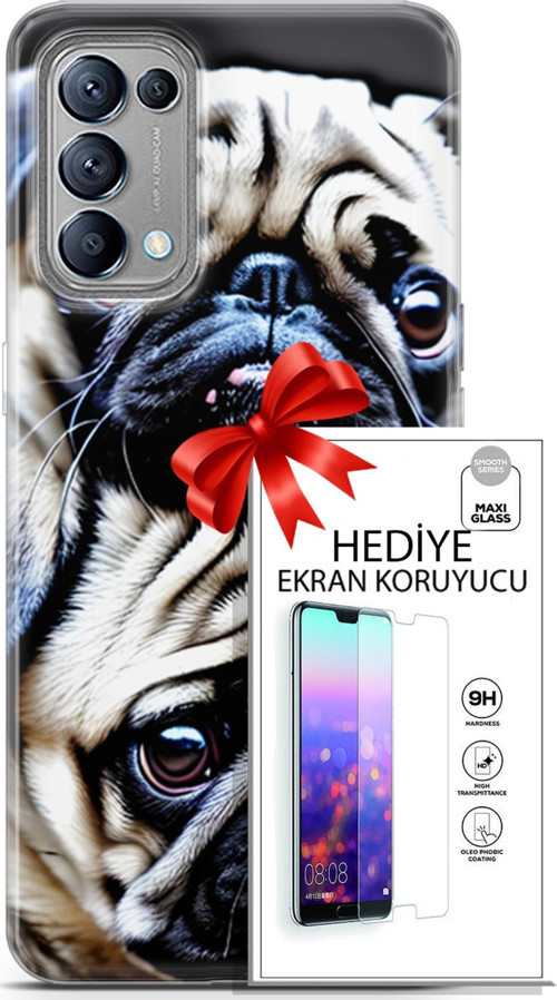 Oppo Reno 5 Kılıf Orijinal Seri Dogs 20 İkili Pug Renkli Kılıf Ekran Koruyucu