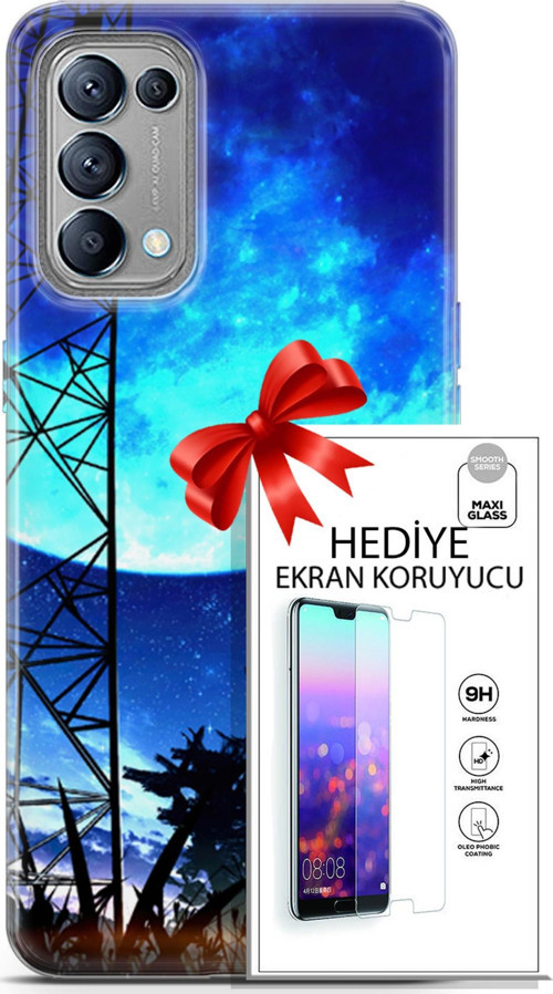 Oppo Reno 5 Kılıf Orijinal Seri Fantasy 24 Mavi Ay Darbe Emici Kılıf + Ekran Koruyucu
