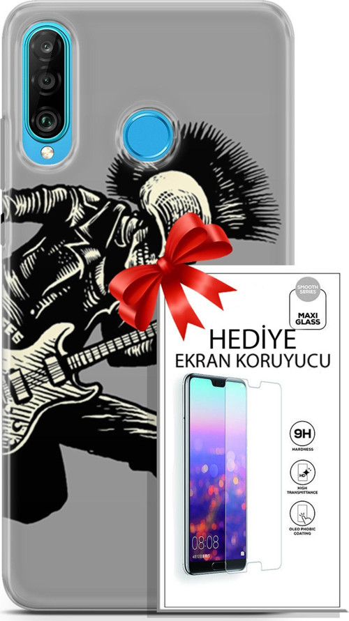 Huawei P30 Lite Kılıf Orijinal Seri Punky 07 Punk Gitarist Desenli Kılıf + Ön Ekran Koruyucu