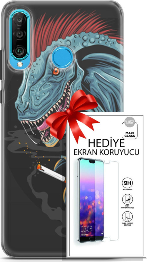 Huawei P30 Lite Kılıf Orijinal Seri Punky 19 Dinozor Punk Tam Koruma Kılıf + Ekran Koruyucu