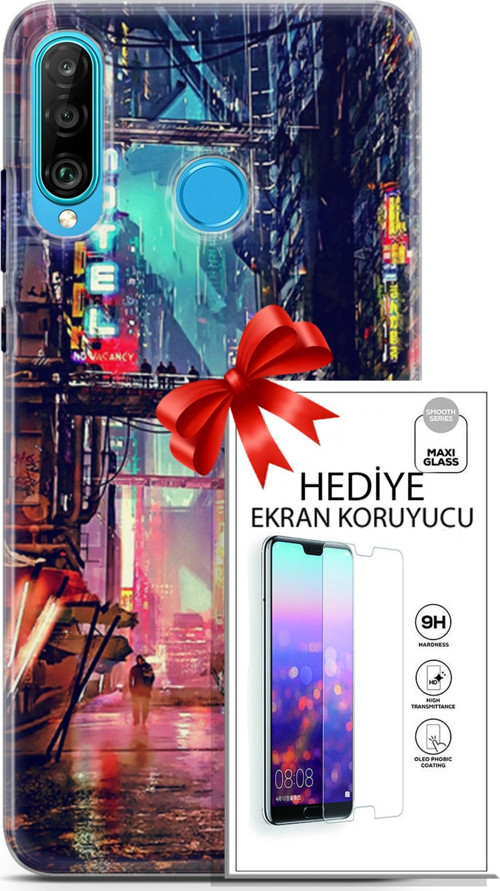 Huawei P30 Lite Kılıf Orijinal Seri Cyberpunk 14 Motel Cover Kılıf + Ön Ekran Koruyucu