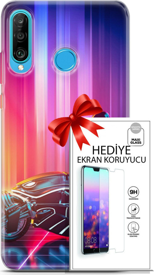 Huawei P30 Lite Kılıf Orijinal Seri Cyberpunk 08 Punk Motorsiklet Baskılı Kılıf + Ekran Koruyucu