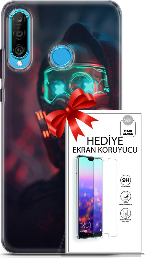 Huawei P30 Lite Kılıf Orijinal Seri Cyberpunk 03 Vr Maske Arka Kapak + Ekran Koruyucu