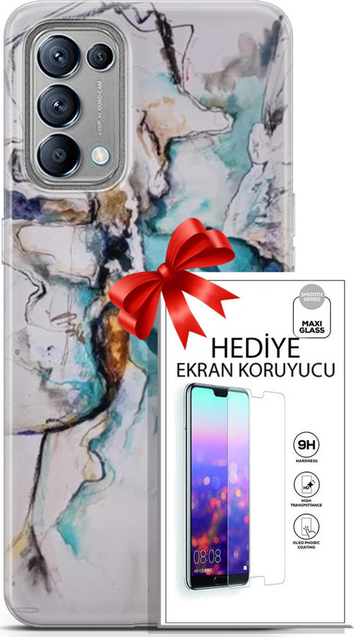 Oppo Reno 5 Kılıf Orijinal Seri Soul 11 Turkuaz 4K Baskılı Kılıf + Ekran Koruyucu Full Korumaketi
