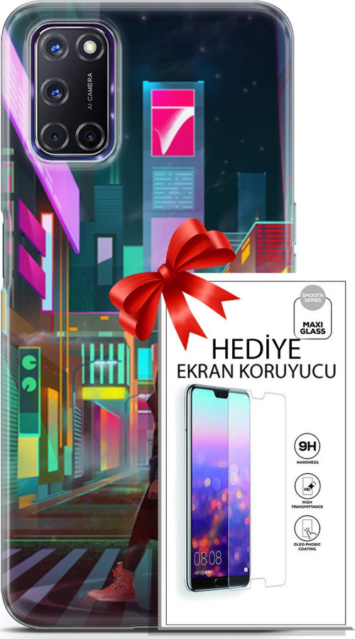 Oppo A72 Kılıf Orijinal Seri Cyberpunk 05 Neon City Koruma Kılıfı + Ekran Koruyucu