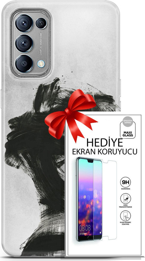 Oppo Reno 5 Kılıf Orijinal Seri Soul 05 Karakalem Koruma Kılıfı + Ekran Koruyucu