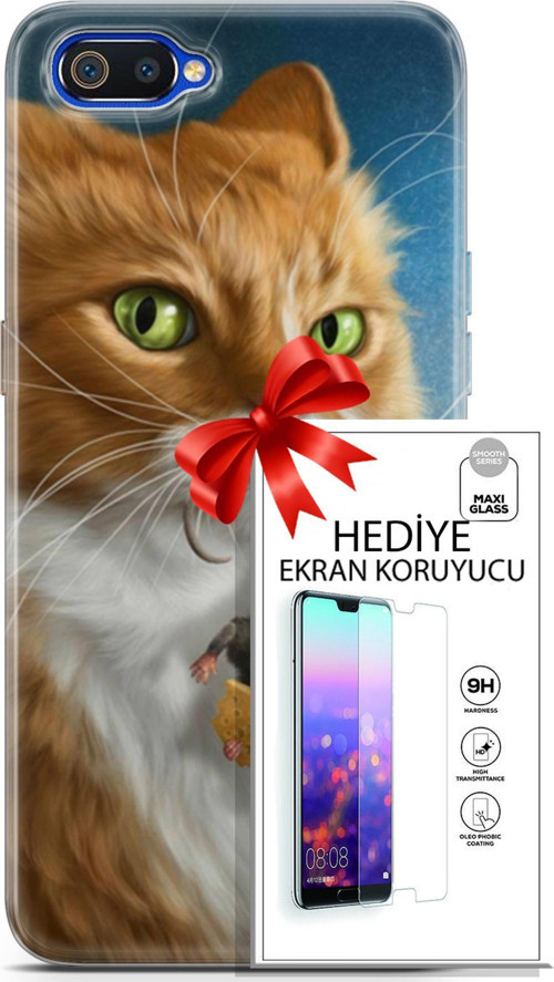 Realme C2 Kılıf Orijinal Seri Scotish-British 14 Sibirya Kedisi Avcı Cover Kılıf + Ön Ekran Koruyucu