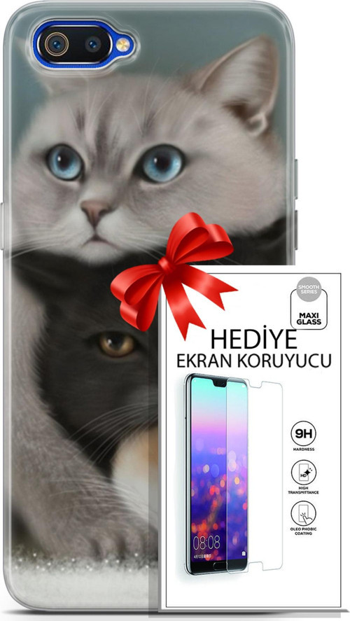 Realme C2 Kılıf Orijinal Seri Scotish-British 13 Beyaz Gri Kahve Kediler Case Kapak Ekran Koruyucu