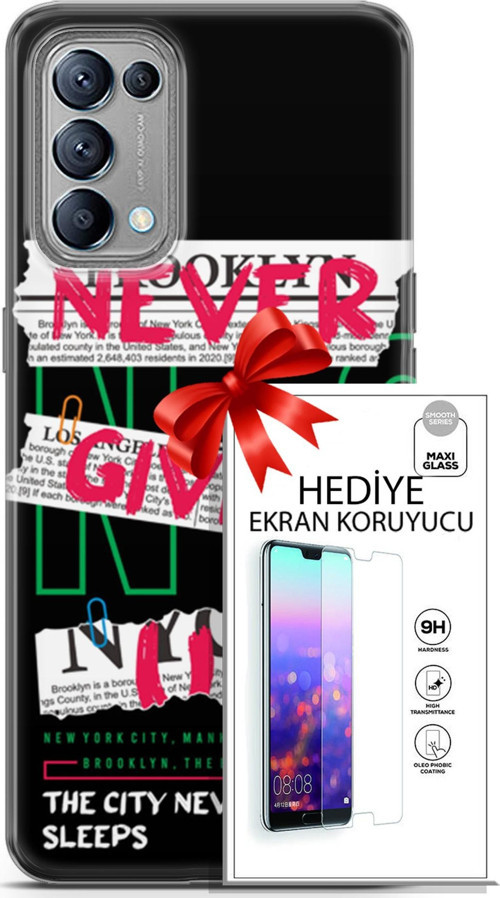 Oppo Reno 5 Kılıf Orijinal Seri Punky 21 Never Give Up Darbe Önleyici Kapak + Ön Ekran Koruyucu