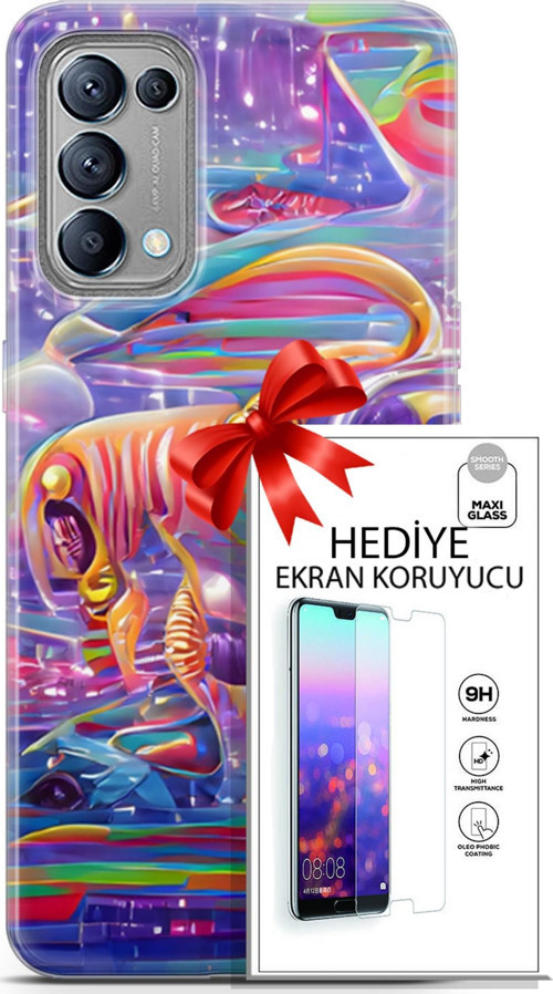Oppo Reno 5 Kılıf Orijinal Seri Cyberpunk 11 4. Boyut 4K Baskılı Kılıf + Ekran Koruyucu Full Koruma