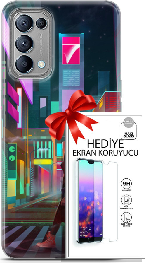 Oppo Reno 5 Kılıf Orijinal Seri Cyberpunk 05 Neon City Koruma Kılıfı + Ekran Koruyucu