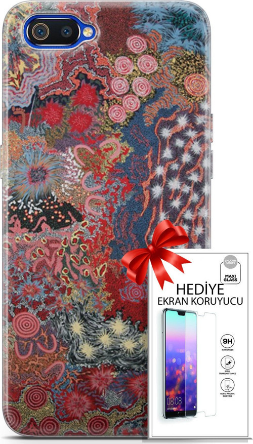 Realme C2 Kılıf Orijinal Seri Cardano 07 Suluboya Desenli Kılıf + Ön Ekran Koruyucu