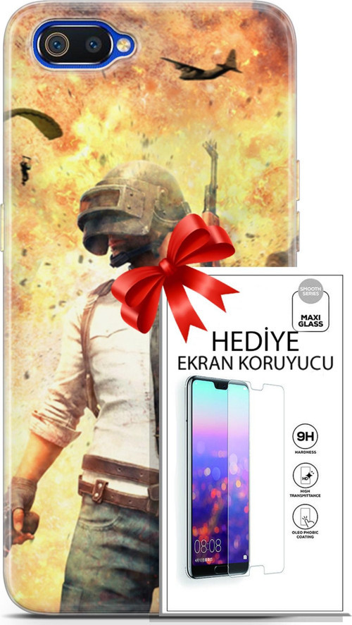 Realme C2 Kılıf Orijinal Seri Pubg 29 Uçak Paraşüt Leke Tutmaz Kapak + Ekran Koruyucu