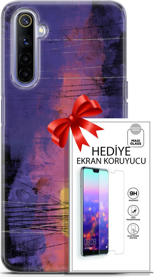 Realme 6 Kılıf Orijinal Seri Nature 04 Mor Kırmızı Silikon Kılıf + Ekran Koruyucu Full Korumaketi