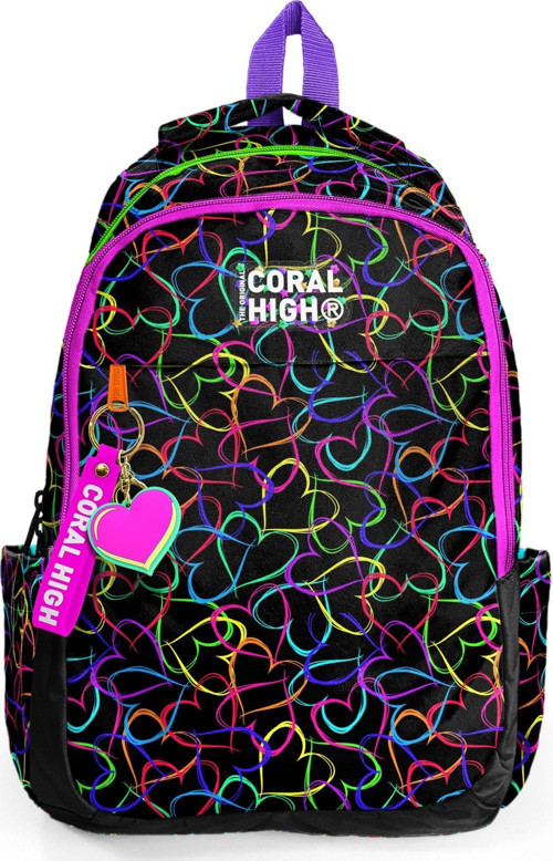 Coral High Kids Çok Renkli Kalp Desenli Üç Bölmeli Okul Sırt Çantası 23670 6