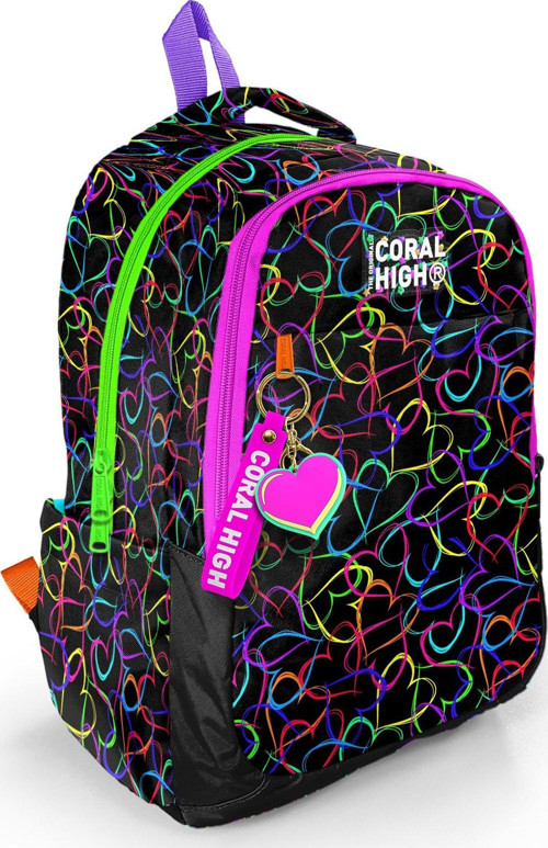 Coral High Kids Çok Renkli Kalp Desenli Üç Bölmeli Okul Sırt Çantası 23670