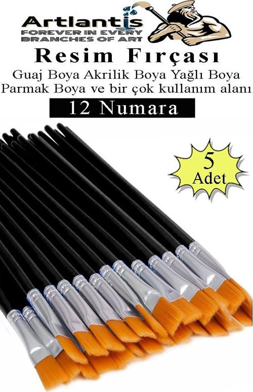 Resim Fırçası 12 Numara 5 Adet Yassı Uçlu Sentetik Resim Fırça Ekonomik Suluboya Akrilik Boya Guaj Boya Yağlı Boya