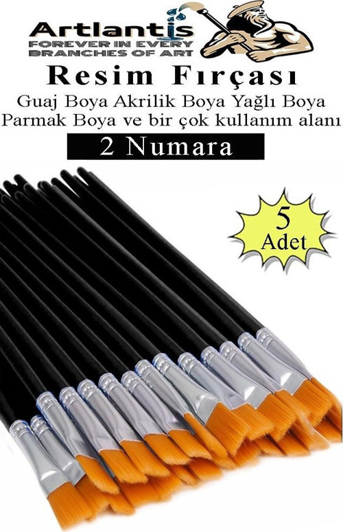 Resim Fırçası 2 Numara 5 Adet Yassı Uçlu Sentetik Resim Fırça Ekonomik Suluboya Akrilik Boya Guaj Boya Yağlı Boya