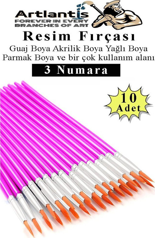 Resim Fırçası 3 Numara 10 Adet Yuvarlak Uçlu Sentetik Resim Fırça Ekonomik Suluboya Akrilik Boya Guaj Boya Yağlı Boya