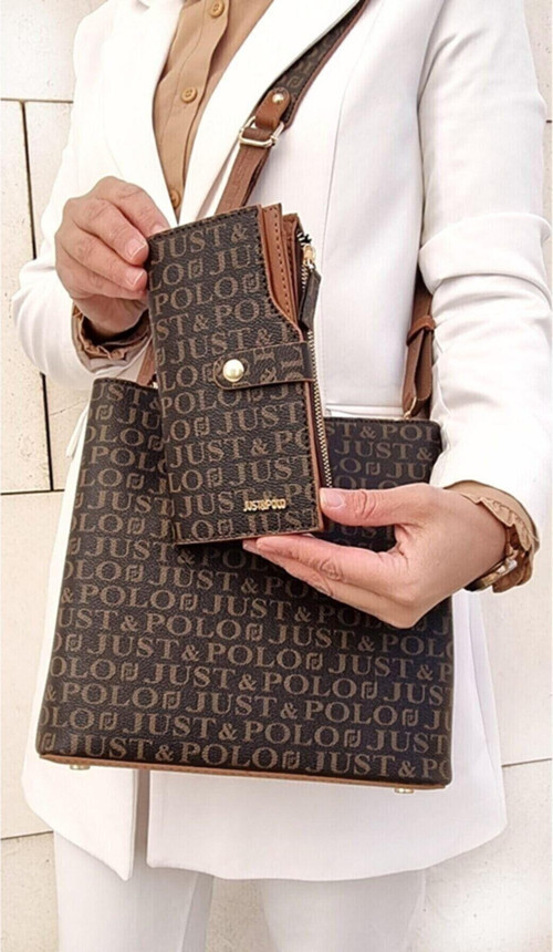 Just Polo Kadın Kahverengi Taba Baskı Desenli Omuz Çanta Ve Cüzdan Seti Kahverengi - Taba