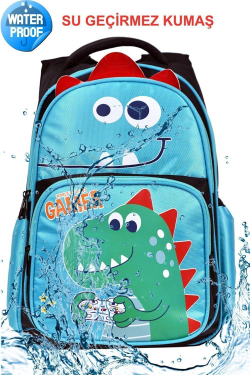 Dinozor Baskılı, Su Geçirmez, Ortopedik Sırt Özellikli, İlkokul Çantası + Beslenme Çantası Et071994 Siyah