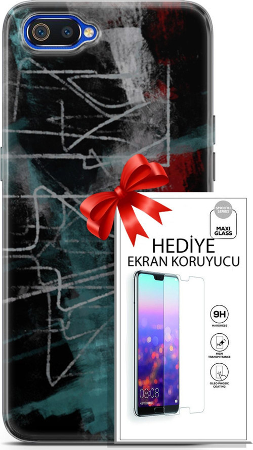 Realme C2 Kılıf Orijinal Seri Nature 07 Gri Çizgiler Desenli Kılıf + Ön Ekran Koruyucu