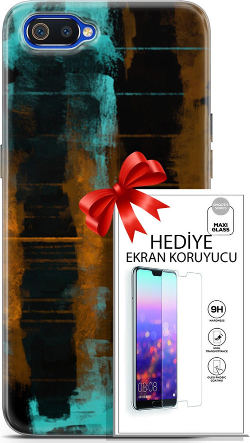 Realme C2 Kılıf Orijinal Seri Nature 05 Turkuaz Siyah Koruma Kılıfı + Ekran Koruyucu