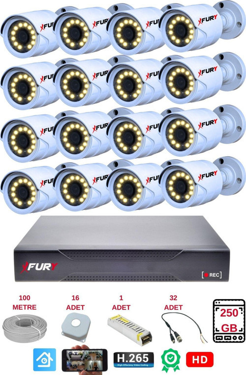 16 Lı Gece Renkli Görüş Güvenlik Kamerası Full Hd-Su Geçirmez Güvenlik Kamerası Seti 250GB