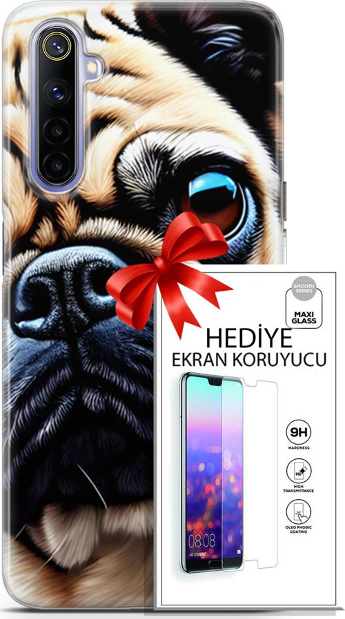 Realme 6 Kılıf Orijinal Seri Dogs 08 Pug Baskılı Kılıf + Ekran Koruyucu