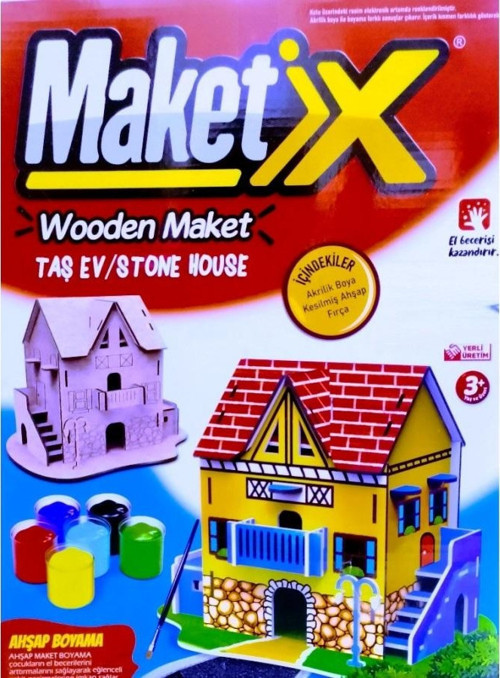 VIP MAKET BOYANABİLİR AHŞAP TAŞ EV 6 RENK AKRİLİK BOYA AHŞAP EĞİTİCİ OYUNCAK AHŞAP BOYAMA AHŞAP EV