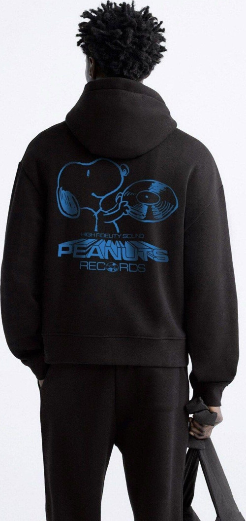 Kapüşonlu Içi Polar Peanuts Yazılı Snoopy Desen Baskılı Siyah Oversize Hoodie Sweatshirt