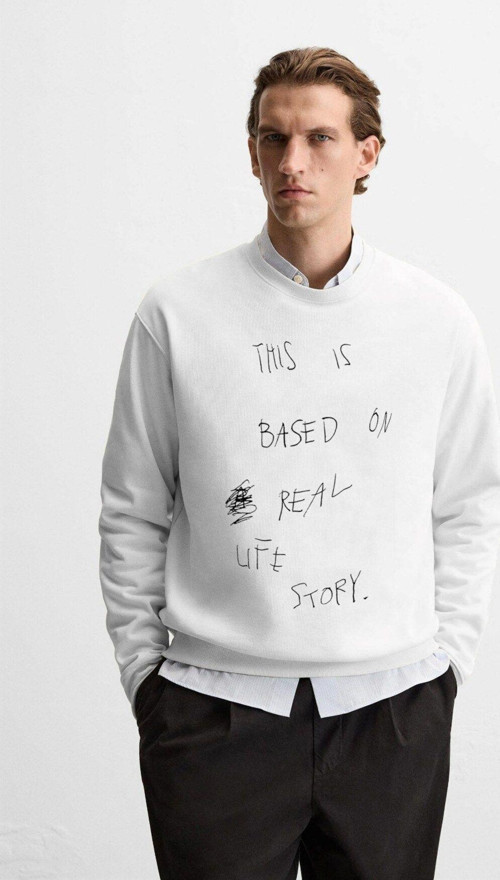 Bisiklet Yaka Içi Polar Life Story Yazı Baskılı Beyaz Oversize Sweatshirt