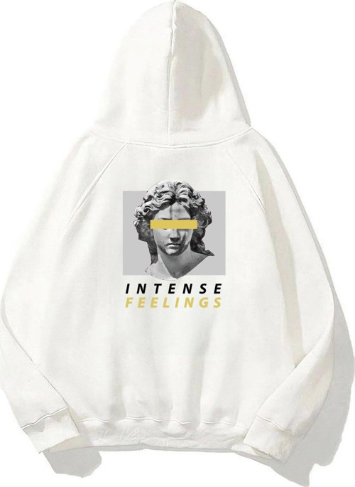 Kapüşonlu Içi Polar Intense Feelings Yazılı Heykel Baskılı Beyaz Hoodie Unisex Sweatshirt