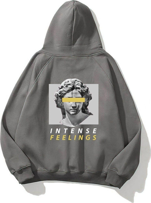 Kapüşonlu Içi Polar Intense Feelings Yazılı Heykel Baskılı Füme Unisex Hoodie Sweatshirt
