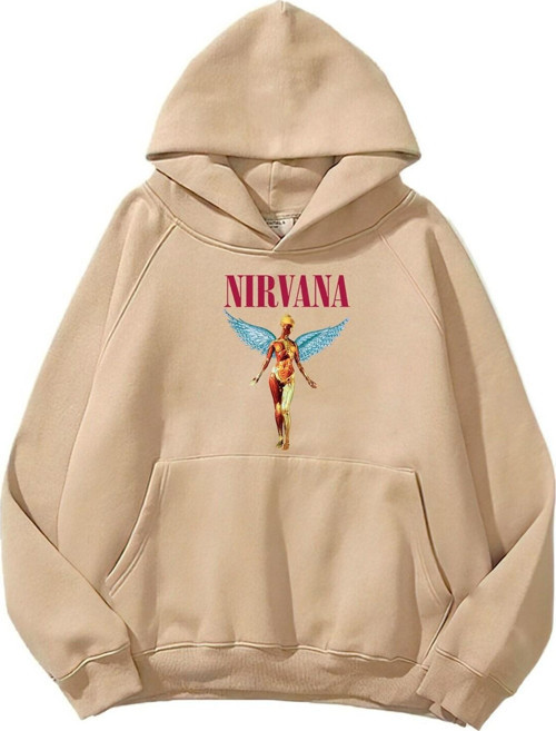 Kapüşonlu Içi Polar Nirvana Angel Baskılı Bej Unisex Hoodie Sweatshirt
