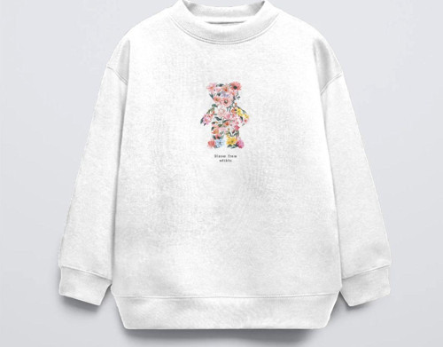 Beyaz Çocuk Çiçekli Ayıcık Baskılı Bisiklet Yaka Oversize Sweatshirt